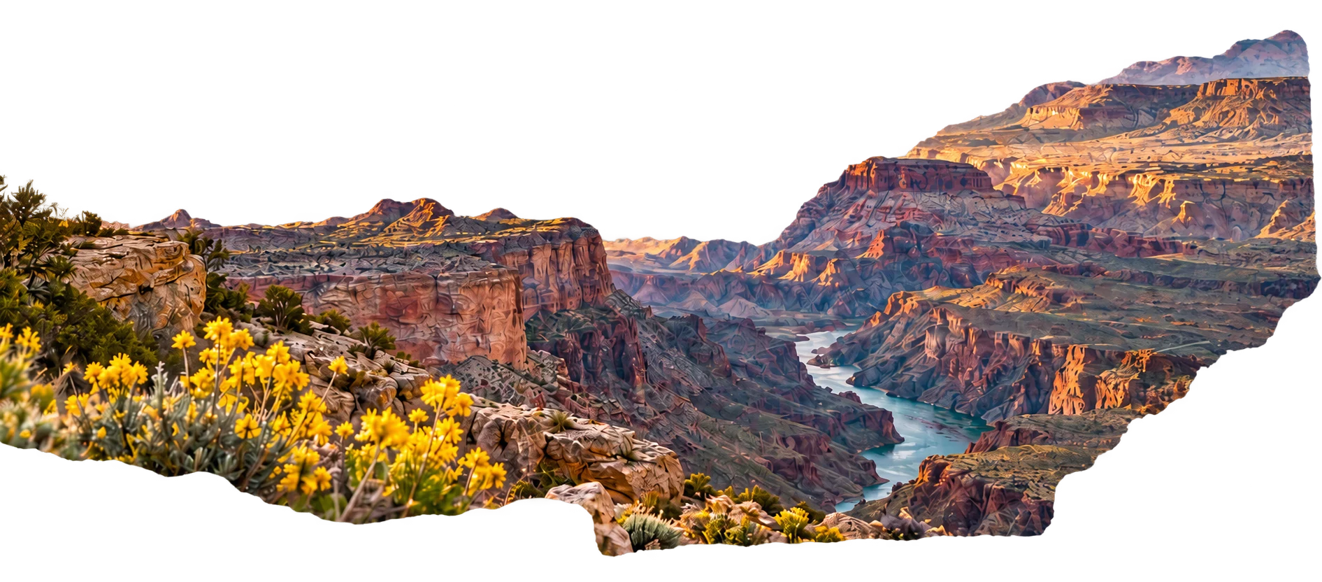 Grand Canyon and winding river, with yellow desert wildflowers in the foreground.