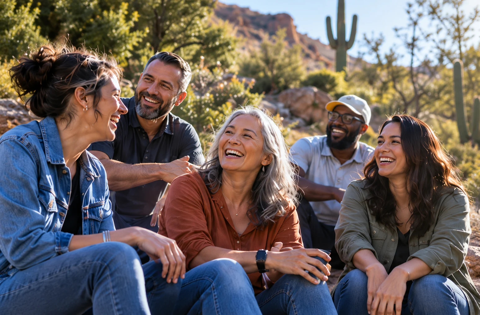 Illustrative image of five adults talking outdoors in Arizona.