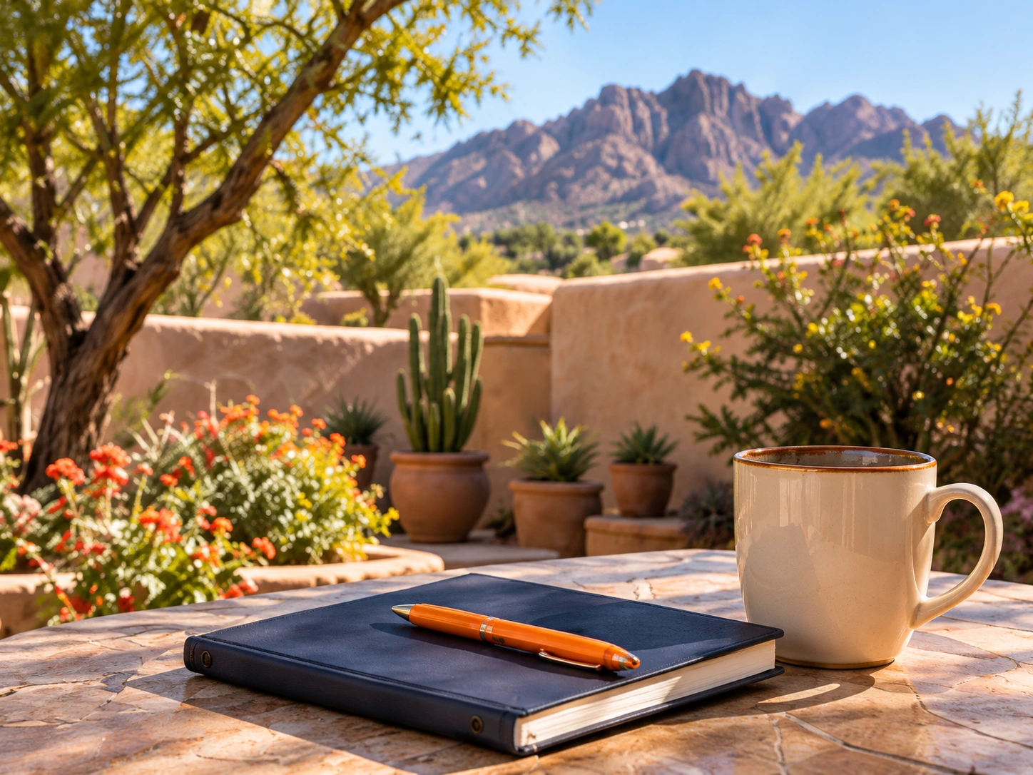 A notebook, orange pen and cream mug on an Arizona courtyard table.
