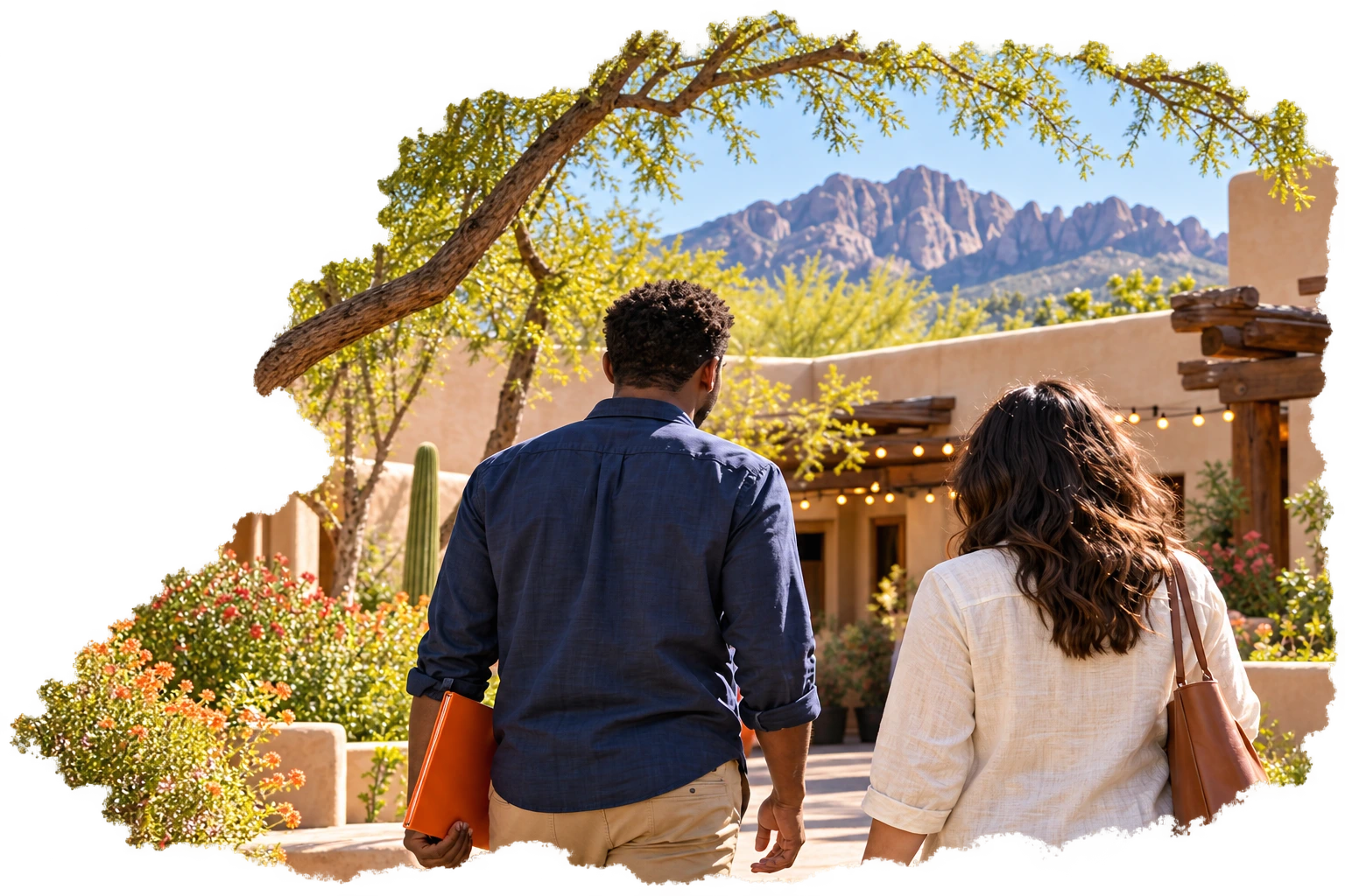 Two people arriving at a community gathering in a sunlit Arizona courtyard.