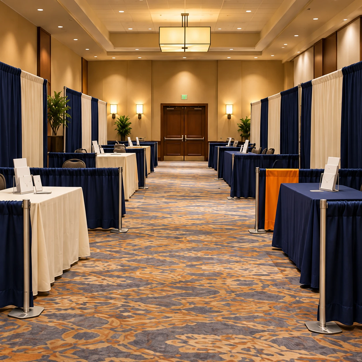 An exhibit hall with several booths arranged on both sides of a central aisle.